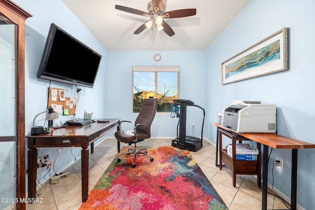 office area featuring light tile patterned floors and ceiling fan