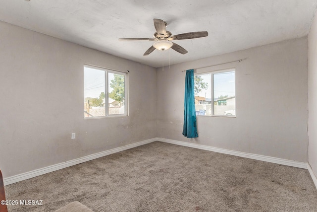 empty room featuring carpet flooring, a wealth of natural light, and ceiling fan