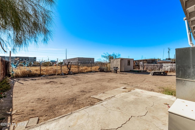 view of yard featuring a patio and a shed