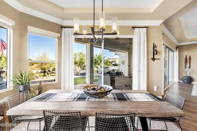 dining area featuring a raised ceiling, crown molding, hardwood / wood-style floors, and an inviting chandelier