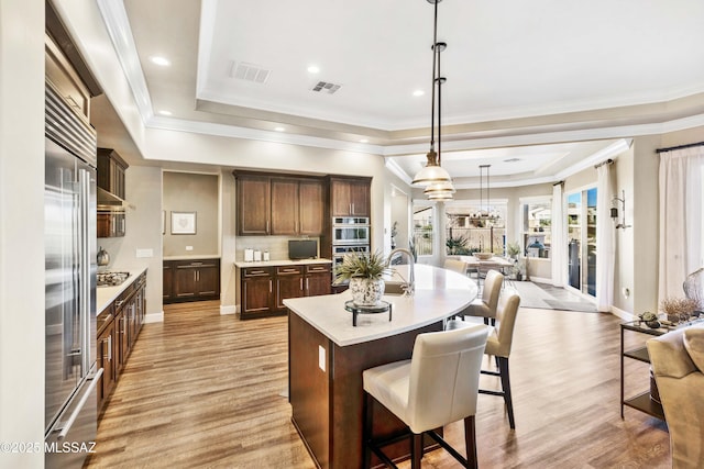 kitchen with a breakfast bar, a raised ceiling, hanging light fixtures, an island with sink, and appliances with stainless steel finishes