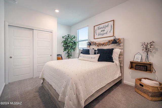 bedroom featuring carpet and a closet