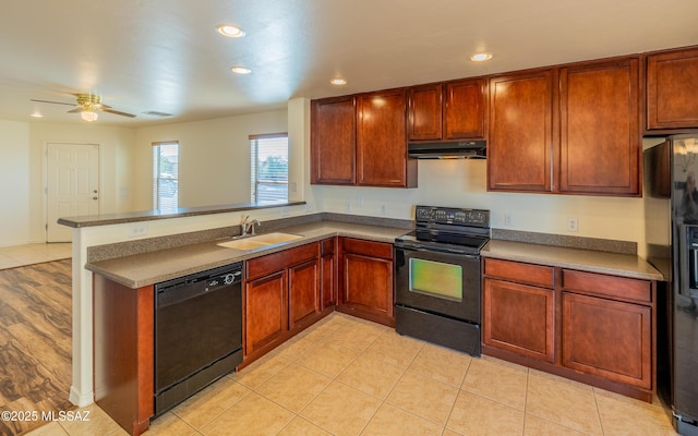 kitchen with black appliances, sink, kitchen peninsula, ceiling fan, and light tile patterned floors