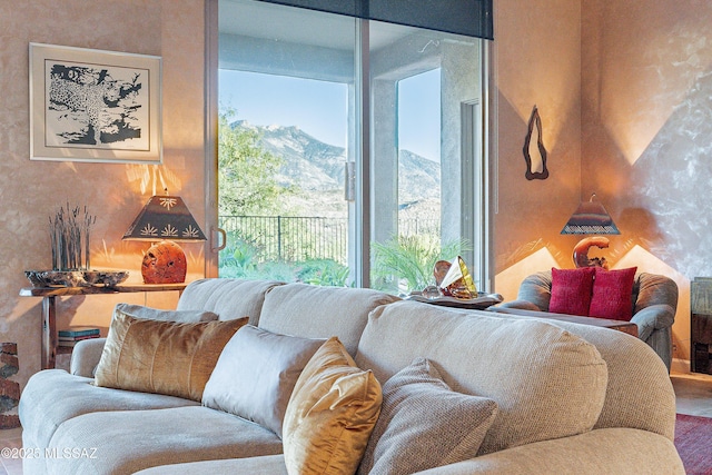 living room featuring a mountain view