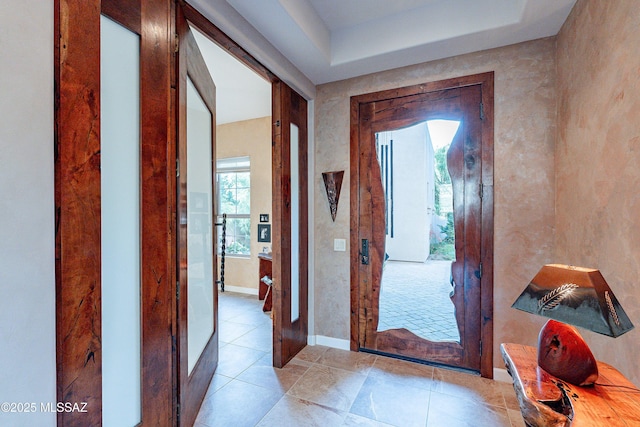 foyer featuring a raised ceiling and a wealth of natural light