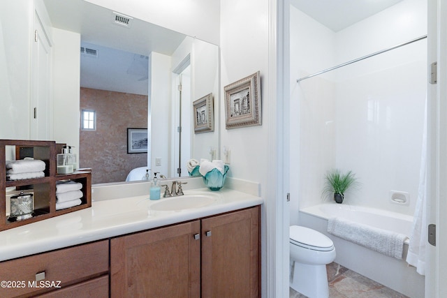 full bathroom featuring vanity, toilet, and shower / bathtub combination with curtain