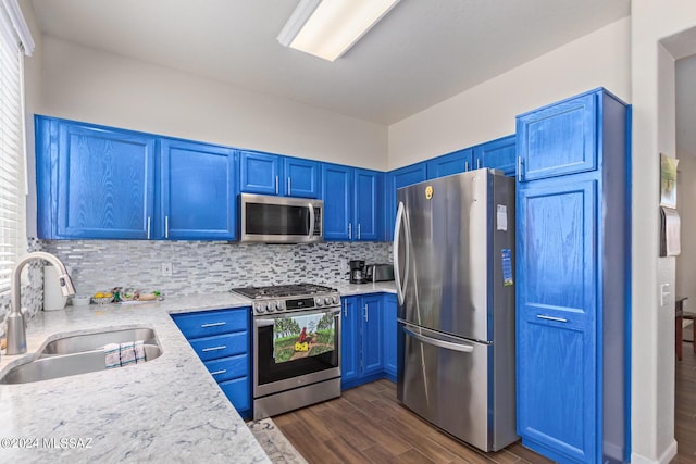 kitchen featuring sink, blue cabinets, and appliances with stainless steel finishes