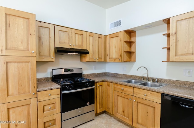 kitchen featuring light brown cabinets, stainless steel gas range oven, sink, black dishwasher, and light tile patterned flooring