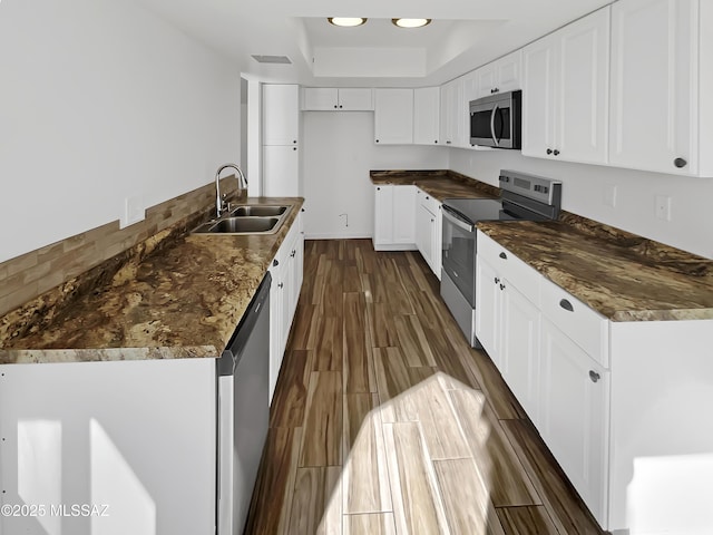 kitchen featuring a raised ceiling, white cabinetry, sink, and appliances with stainless steel finishes