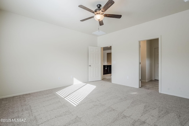 unfurnished bedroom with baseboards, ceiling fan, and light colored carpet