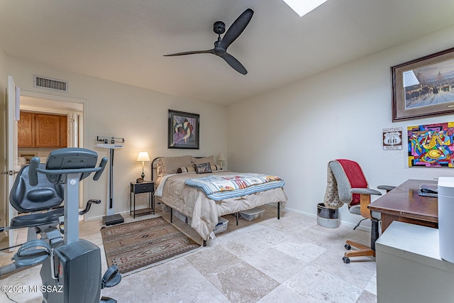 bedroom featuring baseboards, visible vents, and ceiling fan