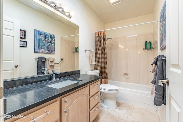 bathroom with visible vents, toilet, shower / bath combo, and vanity