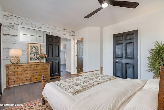 bedroom with ceiling fan and wood finished floors