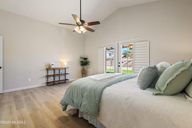 bedroom with access to exterior, french doors, light wood-type flooring, vaulted ceiling, and ceiling fan