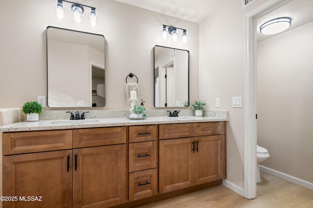 bathroom featuring vanity, wood-type flooring, and toilet