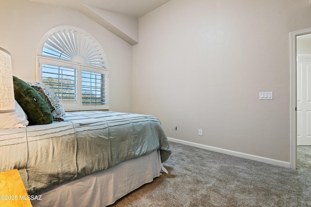 bedroom featuring carpet floors and vaulted ceiling