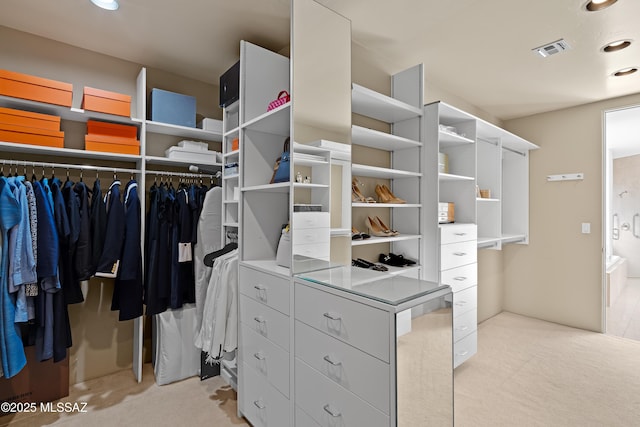 spacious closet with visible vents and light colored carpet