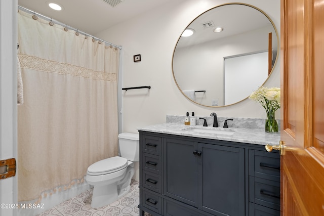 full bathroom featuring visible vents, toilet, recessed lighting, tile patterned flooring, and vanity