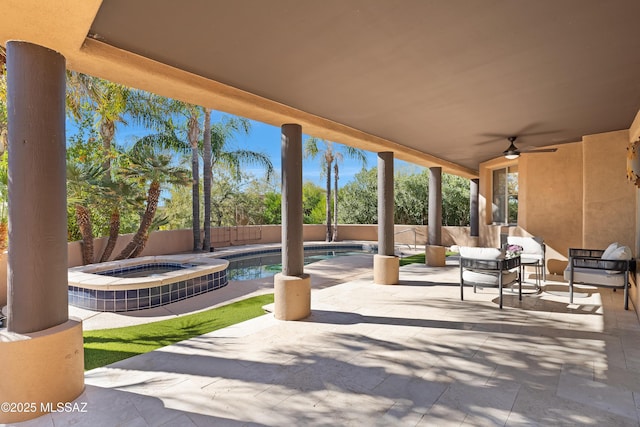 view of patio / terrace featuring central AC unit, a fenced in pool, an in ground hot tub, a fenced backyard, and ceiling fan