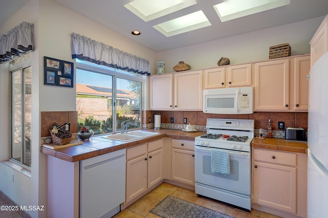 kitchen featuring sink, white appliances, white cabinets, and tile countertops