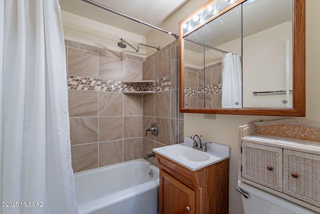 bathroom with vanity and shower / bath combo with shower curtain