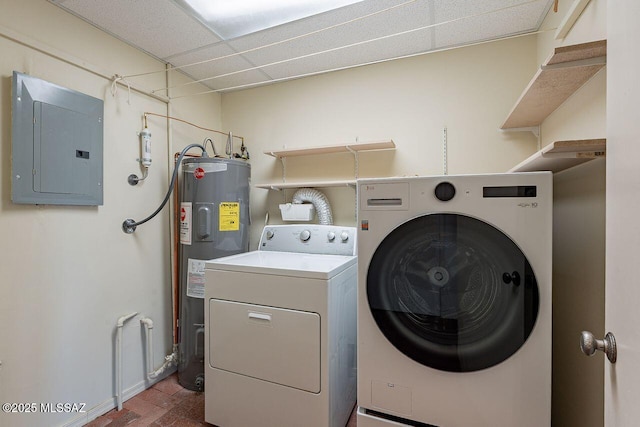 laundry area with laundry area, electric panel, washer and dryer, and electric water heater