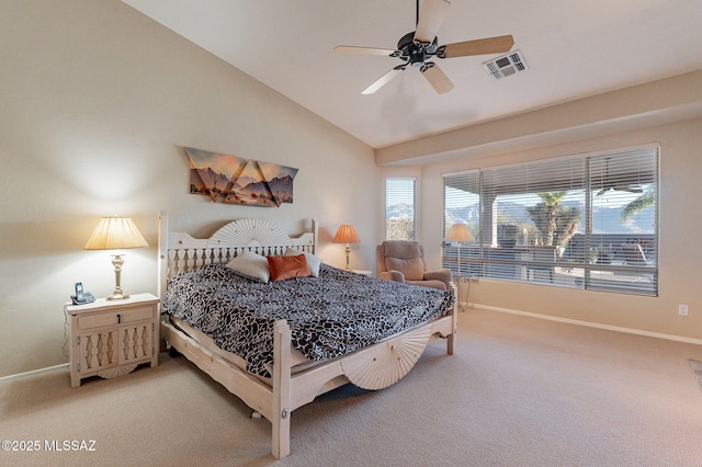 carpeted bedroom featuring ceiling fan and lofted ceiling