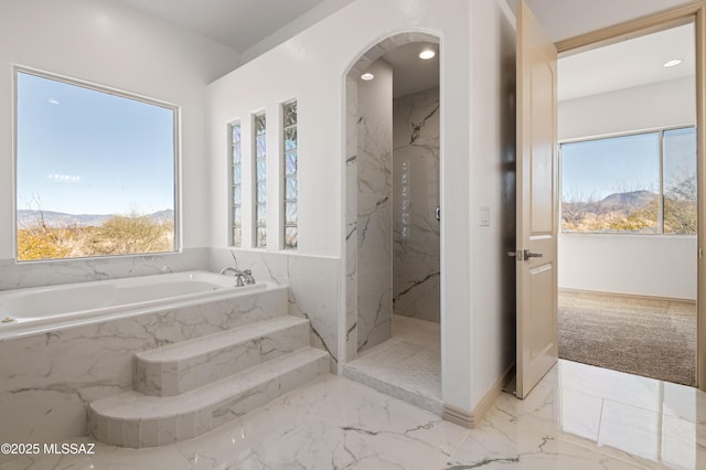 bathroom featuring a mountain view and plenty of natural light