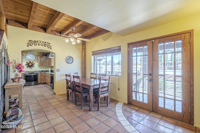 tiled dining room featuring french doors, wooden ceiling, a wealth of natural light, and beam ceiling