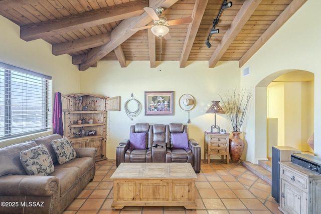 tiled living room featuring track lighting, wooden ceiling, ceiling fan, and beam ceiling