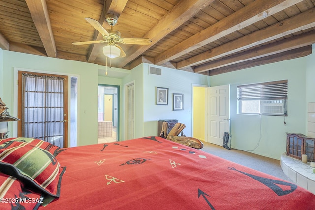 bedroom featuring beam ceiling, ceiling fan, wooden ceiling, and carpet