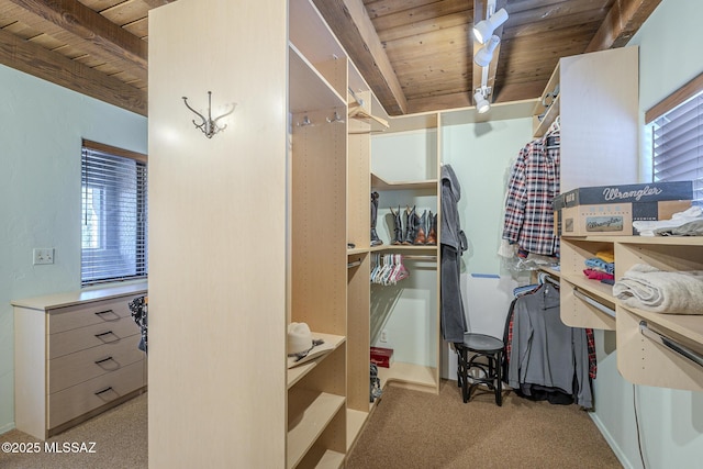 spacious closet with beam ceiling and light carpet