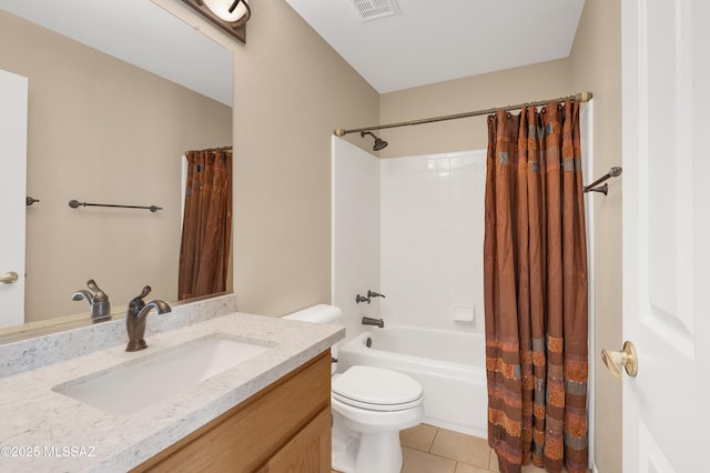 full bathroom featuring toilet, vanity, tile patterned floors, and shower / bath combo with shower curtain