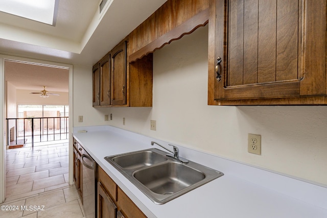 kitchen with ceiling fan, sink, light tile patterned floors, and stainless steel dishwasher