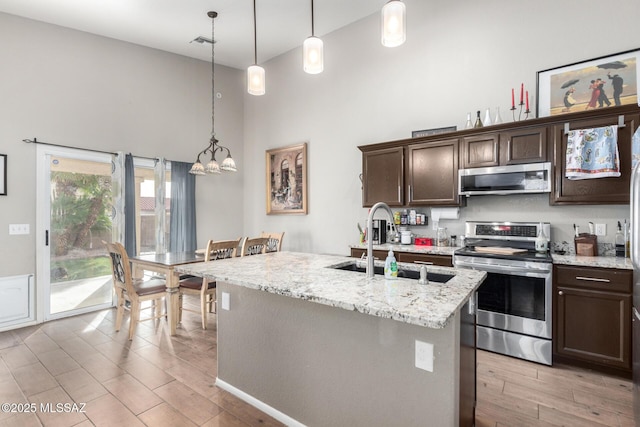 kitchen with pendant lighting, sink, appliances with stainless steel finishes, dark brown cabinets, and an island with sink