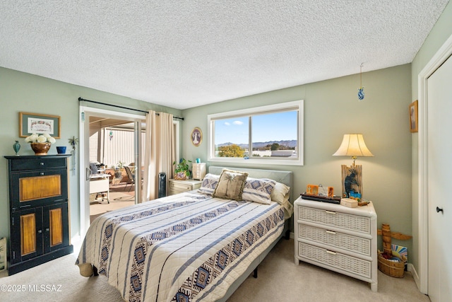 bedroom with carpet floors, access to outside, and a textured ceiling