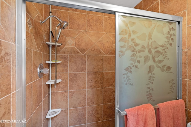 bathroom with a shower with shower door