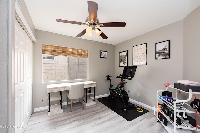 office area featuring ceiling fan and light hardwood / wood-style floors