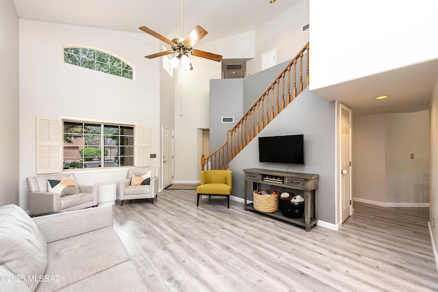 living room featuring high vaulted ceiling, ceiling fan, and light hardwood / wood-style flooring