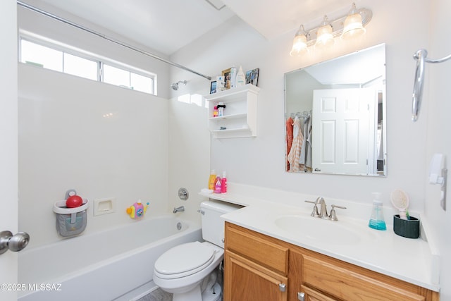 full bathroom with shower / tub combination, vanity, and toilet