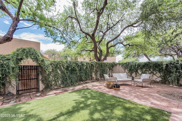 view of yard featuring a patio area and outdoor lounge area