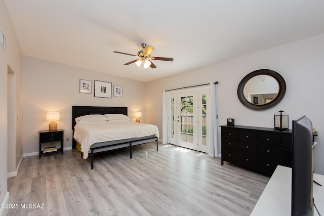 bedroom with ceiling fan, light hardwood / wood-style flooring, and access to exterior