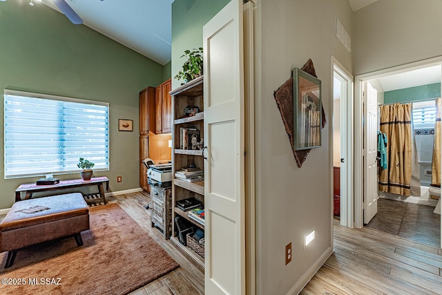 kitchen with ceiling fan, light hardwood / wood-style flooring, and a wealth of natural light