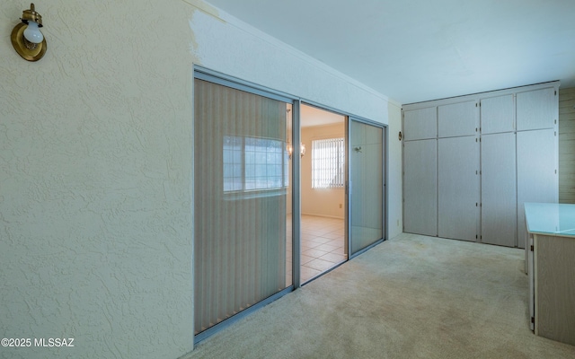 interior space featuring light colored carpet