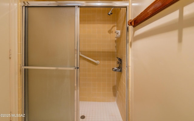 bathroom featuring a shower with shower door