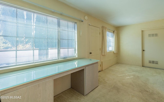 interior space featuring light colored carpet