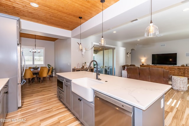 kitchen featuring dishwasher, pendant lighting, a kitchen island with sink, and wood ceiling