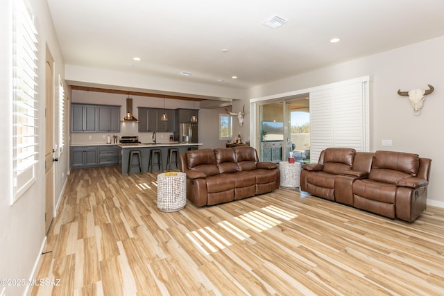 living room featuring light wood-type flooring and sink