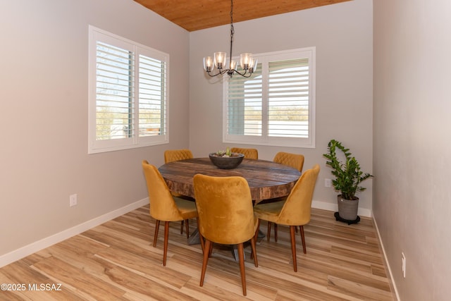 dining room with light hardwood / wood-style flooring, a healthy amount of sunlight, and an inviting chandelier