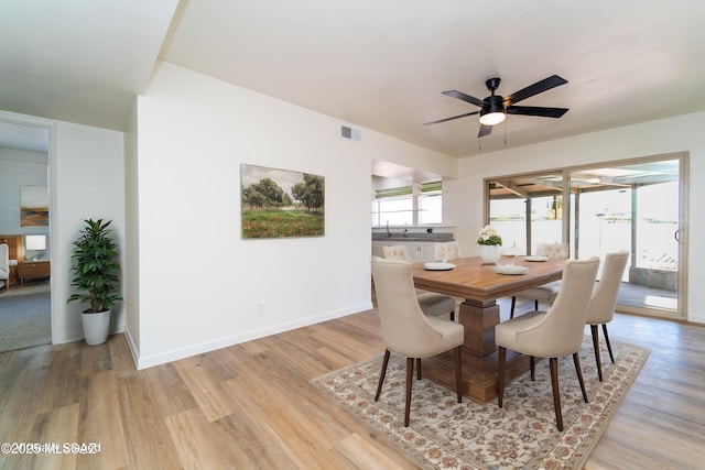 dining room featuring sink, ceiling fan, and light wood-type flooring